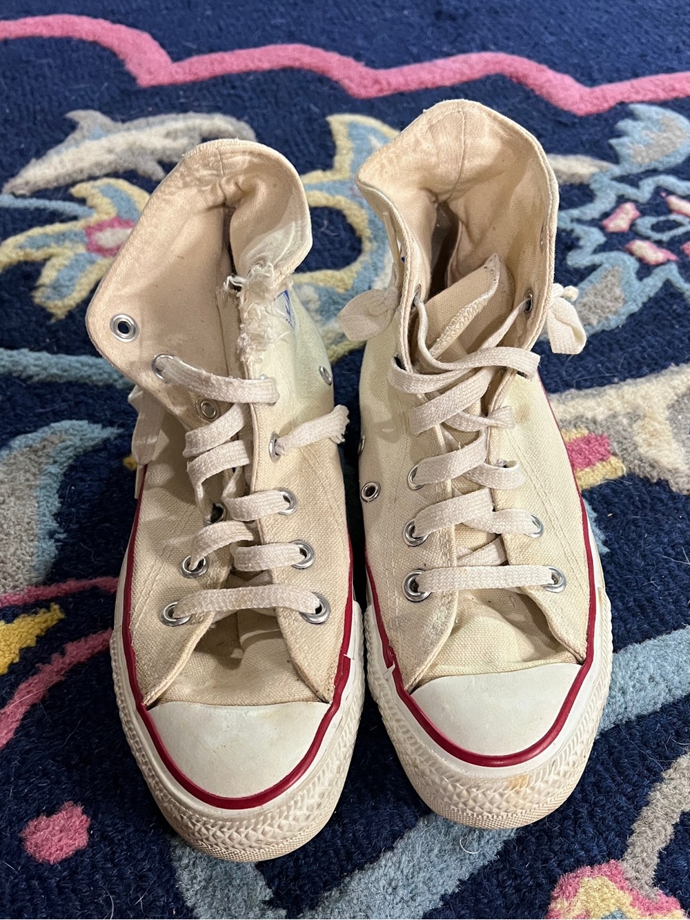Classic High-Top Canvas Sneakers in Cream with Red Trim
